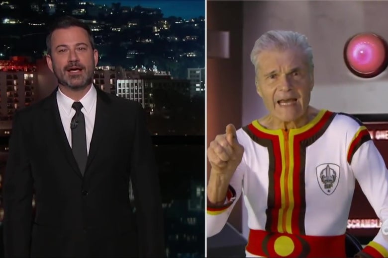 A split-screen image showing Jimmy Kimmel interviewing Fred Willard, who is wearing an absurd Space Force uniform.